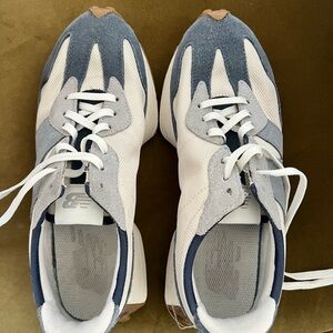 New Balance White and Blue 327 Sneakers